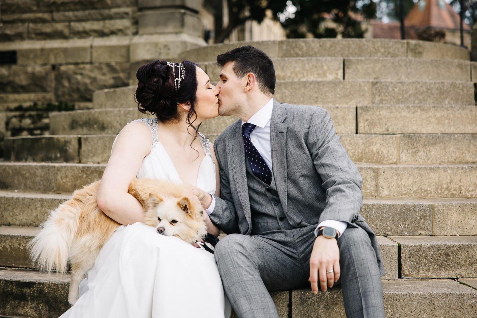 Bride and groom kissing on the stone steps with their little dog on her lap
