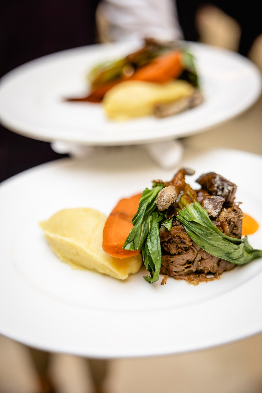 A plated main course of slow-cooked meat with mash and vegetables carried to the tables