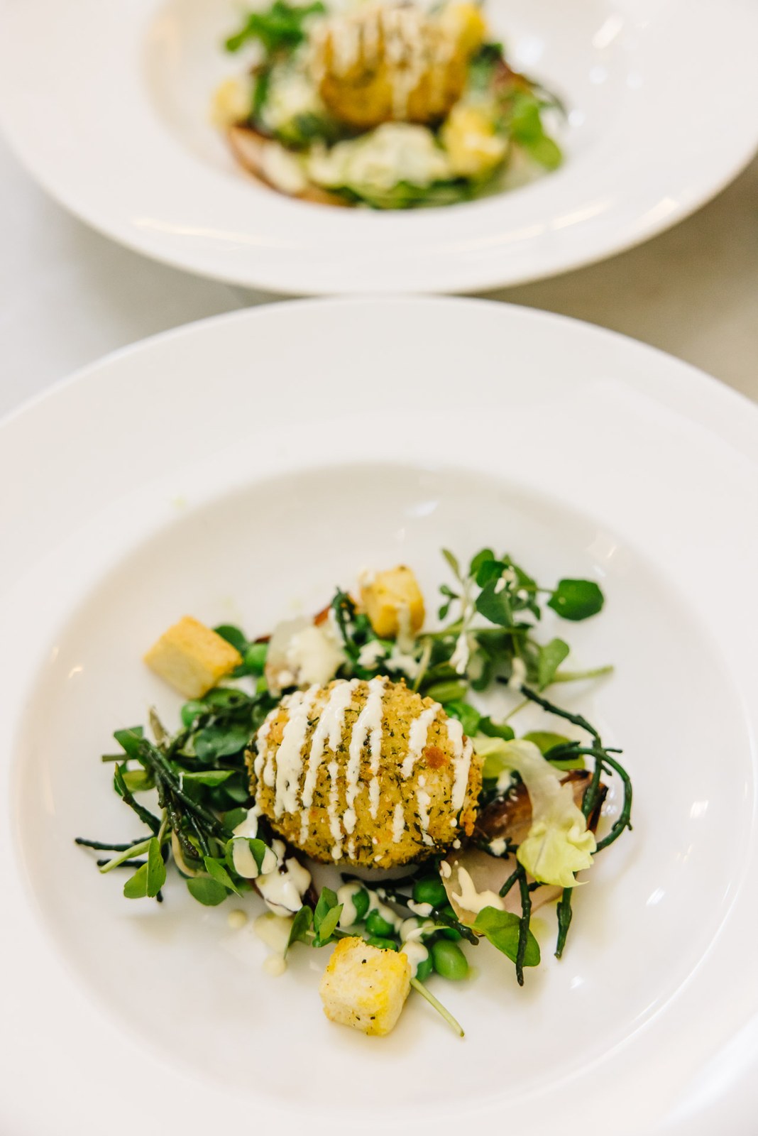 A plated starter of crisp-crumbed fish on dressed leaves