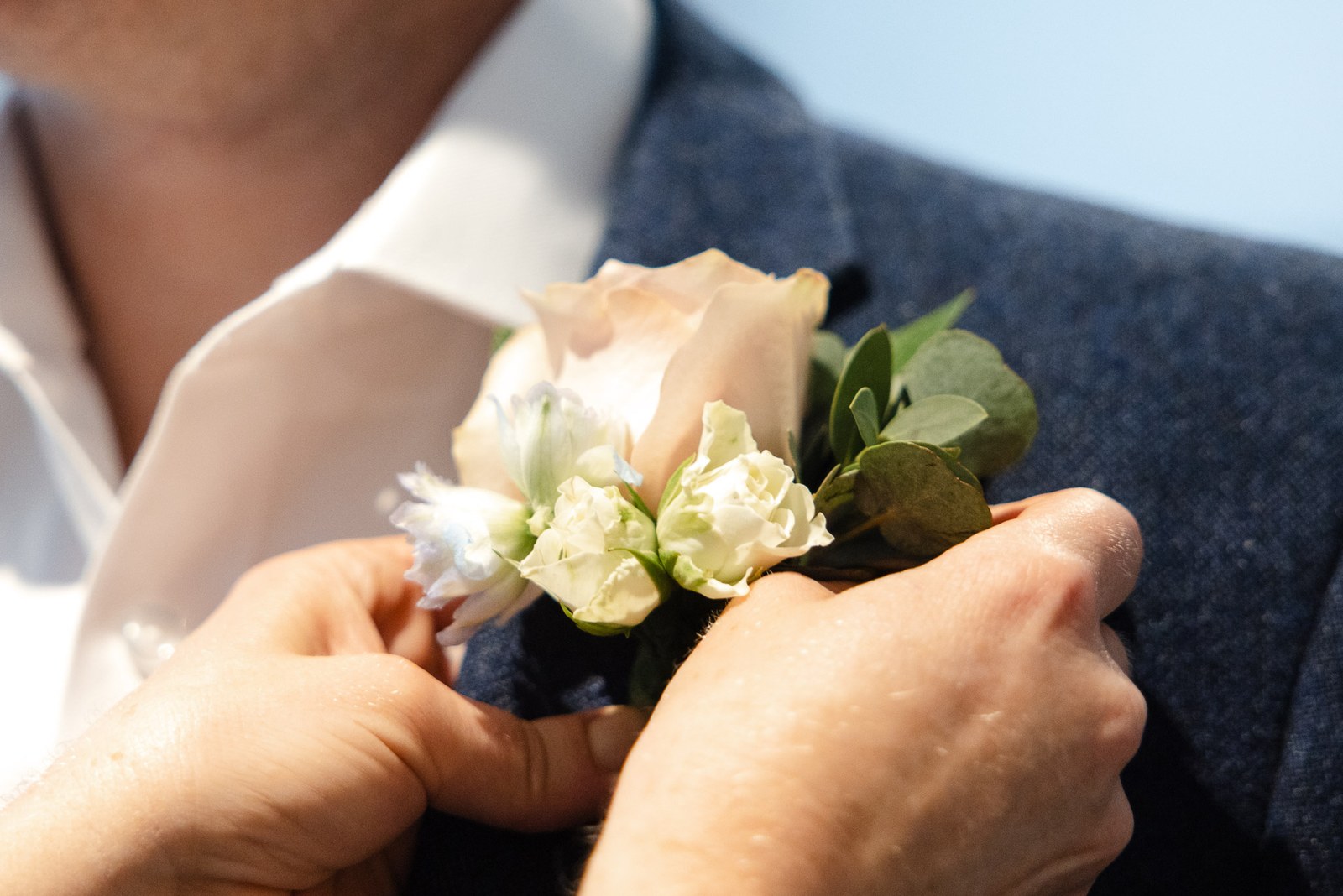 Close-up of a white rose buttonhole being pinned to a lapel