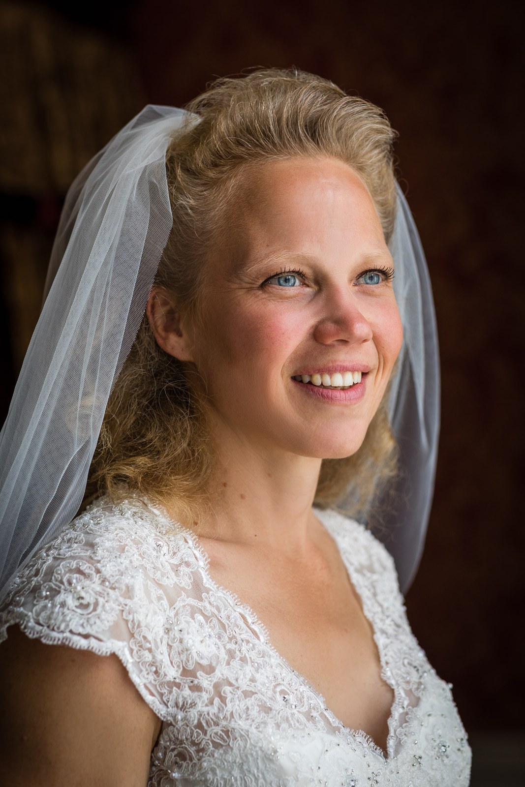 Bridal portrait, the bride in her lace gown and veil, smiling softly