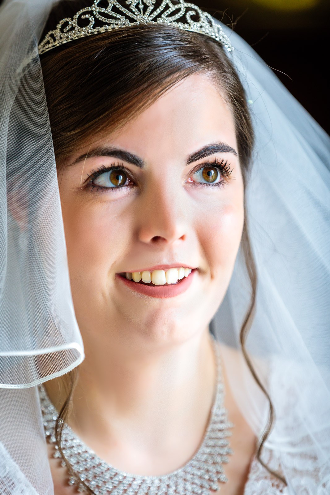 Close portrait of the bride in her tiara and veil
