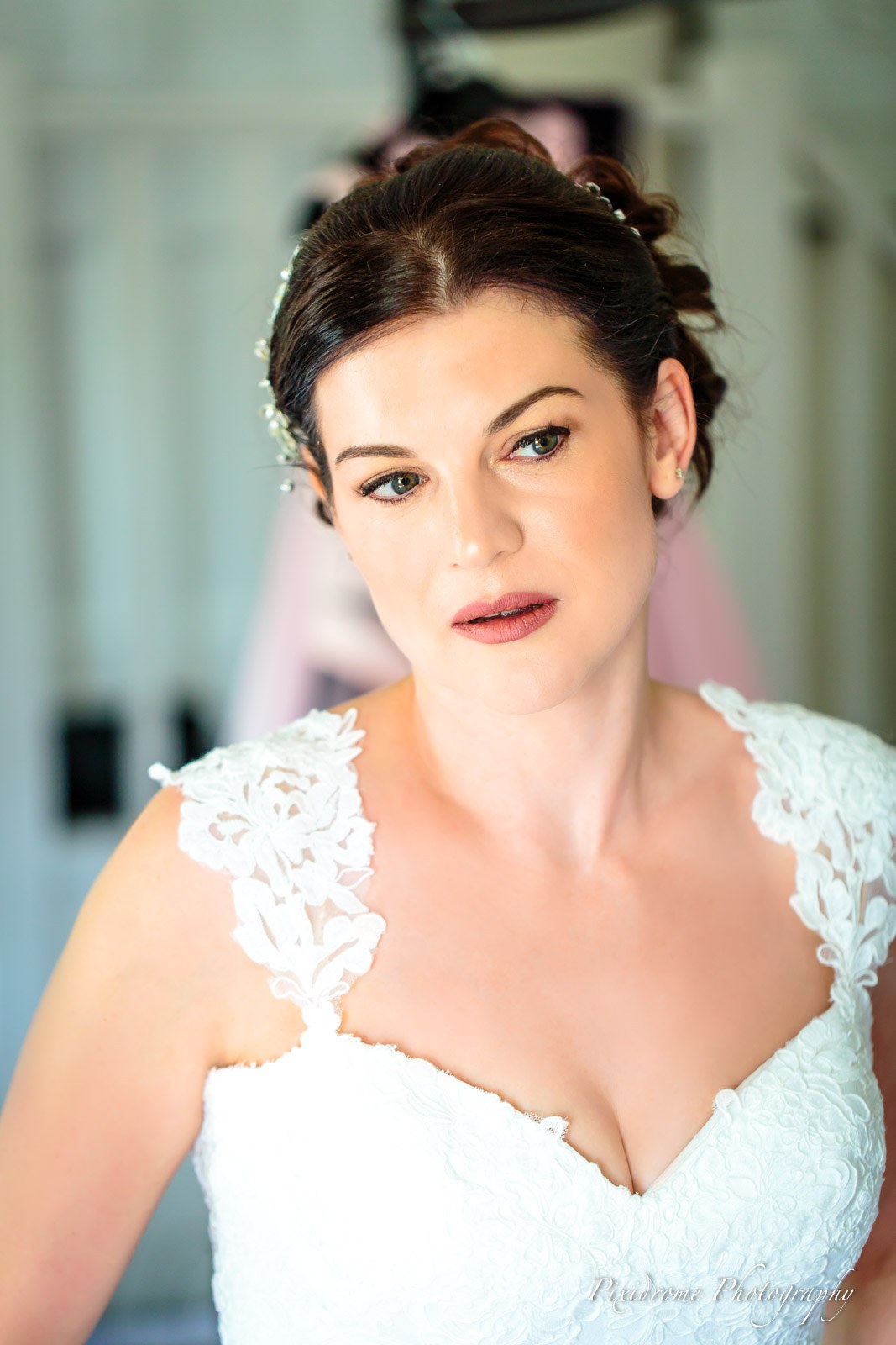 Portrait of the bride, hair pinned up, in her lace-strapped gown