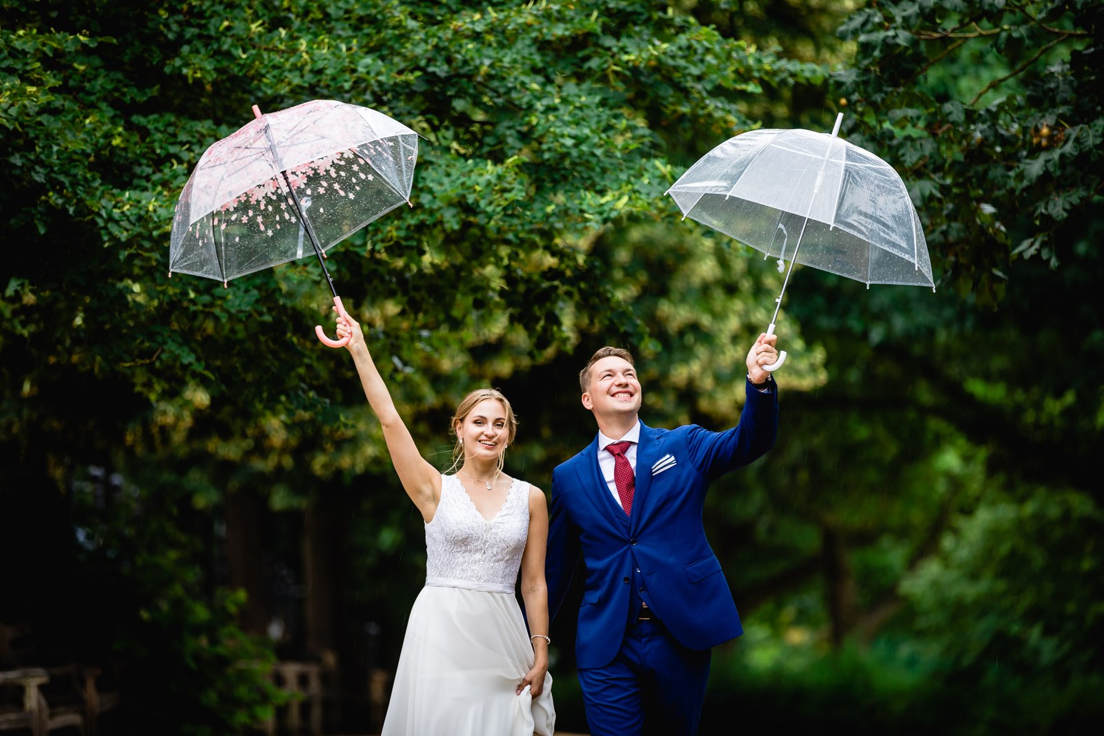 The couple raising clear umbrellas together amid greenery