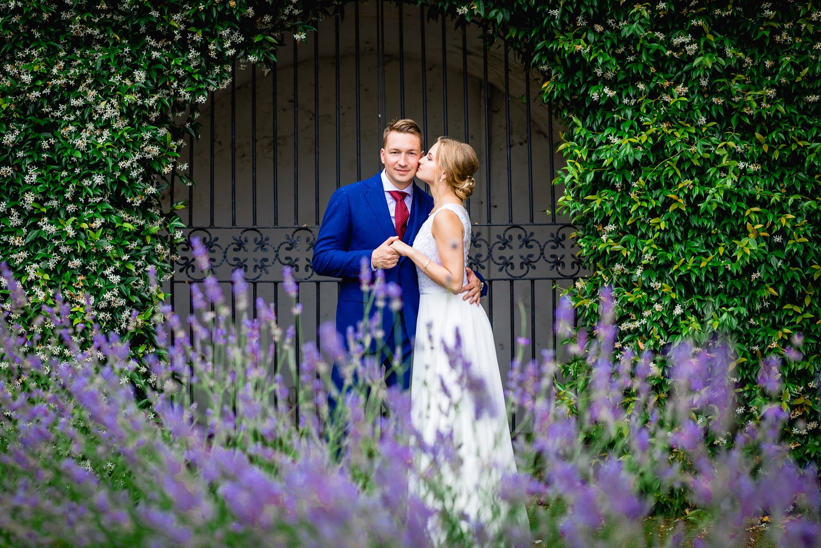 The couple embracing before an ivy-clad iron gate with lavender in front