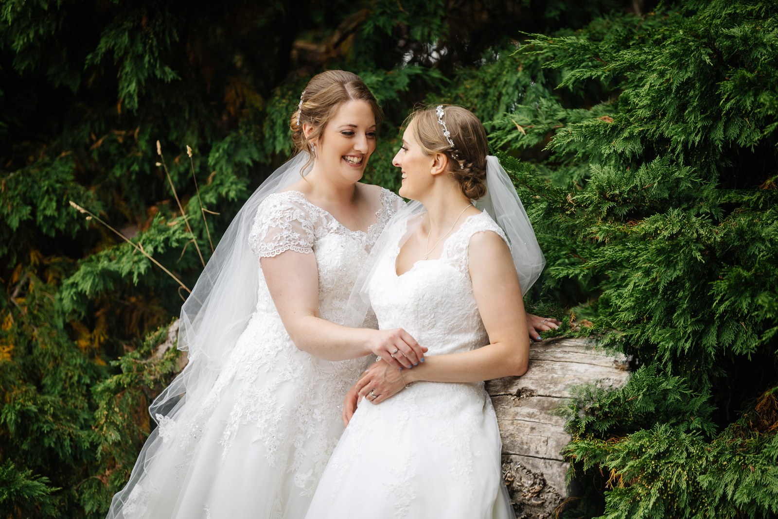 The two brides lean together against a fallen log amid greenery