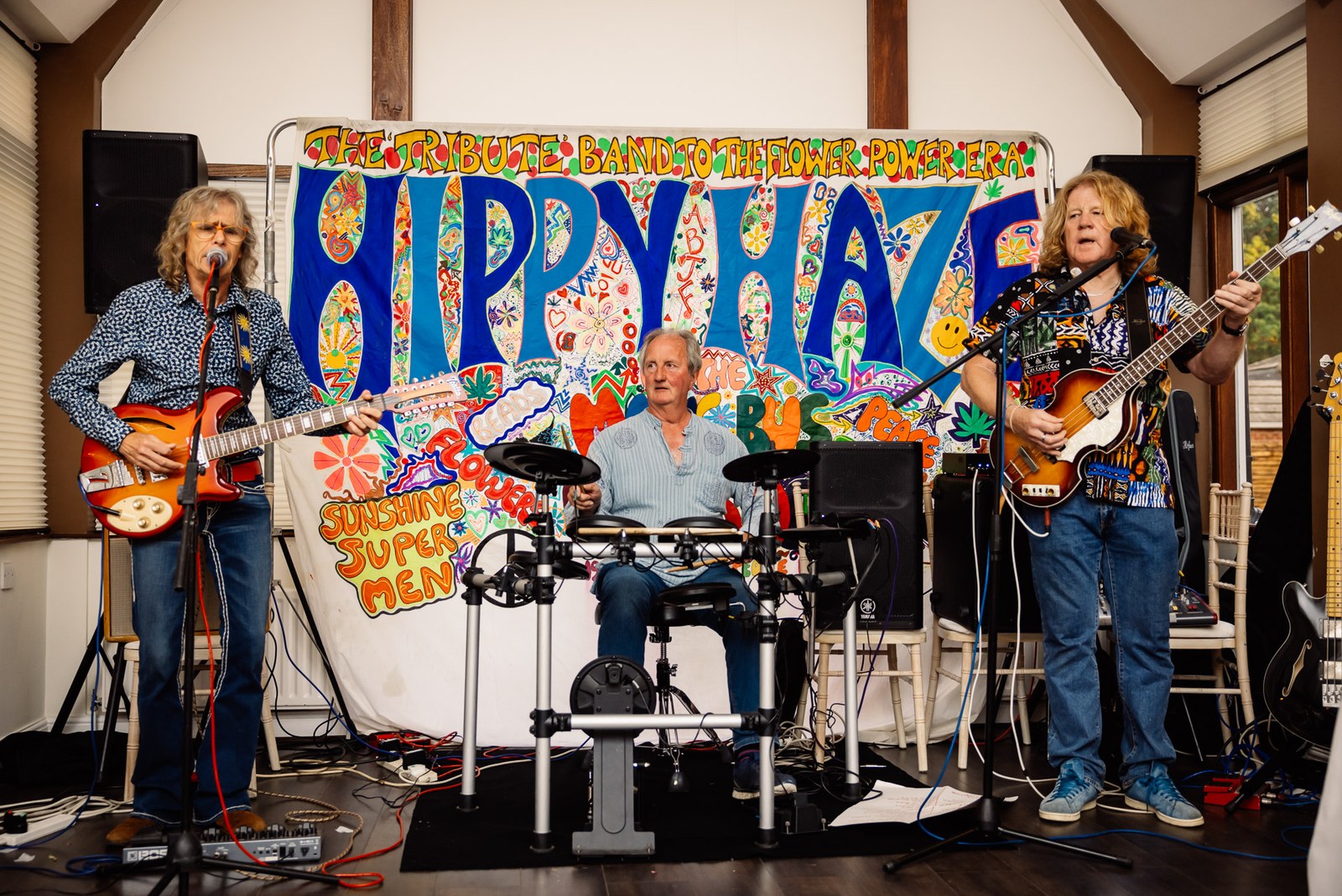 A live covers band playing on stage at the evening reception