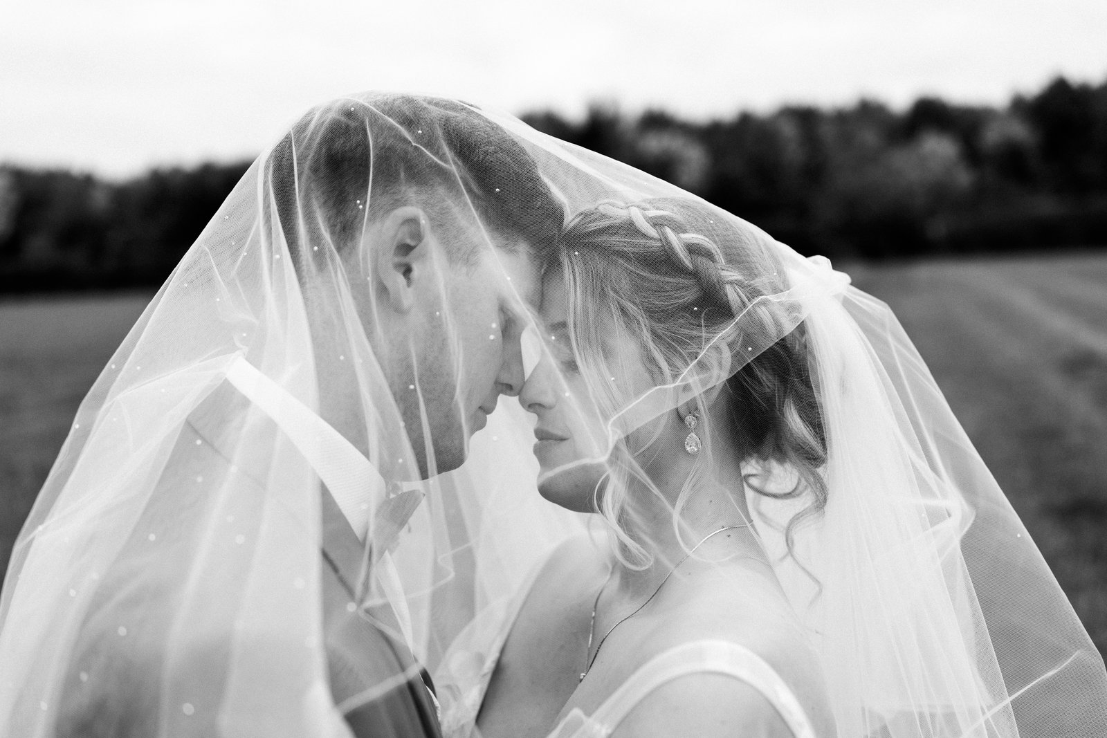 Black and white portrait of the couple under the veil with open fields behind them.