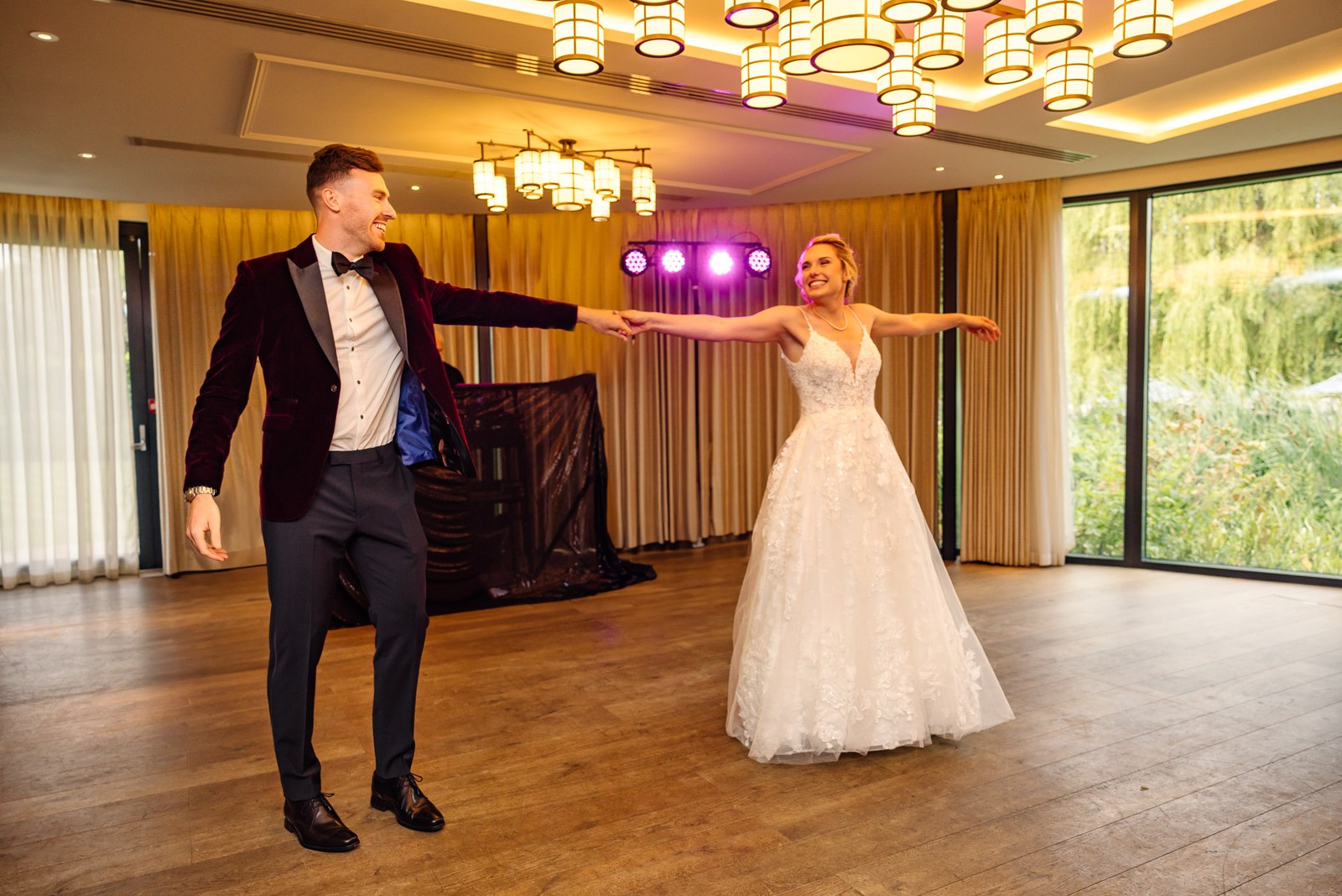 The couple taking to the dance floor for their first dance at The Swan at Streatley