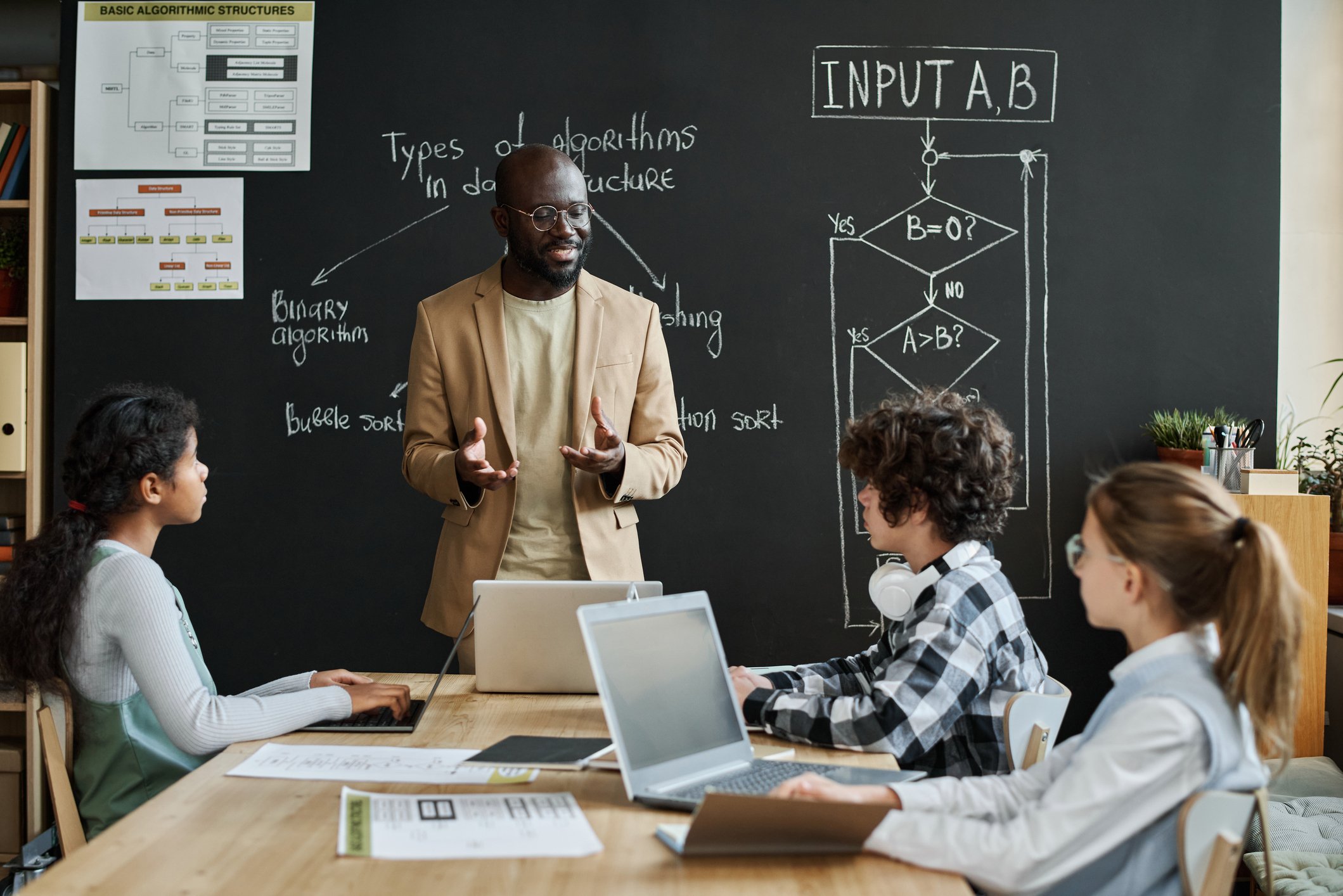 Students and teacher in a classroom.