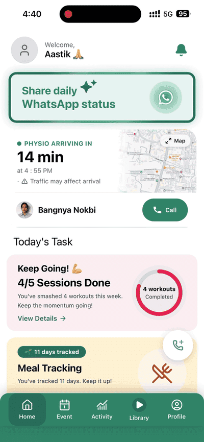 Kinetic Age app showing the physiotherapist arriving in 14 minutes, their live route on a map, and buttons to call the physiotherapist and relationship manager