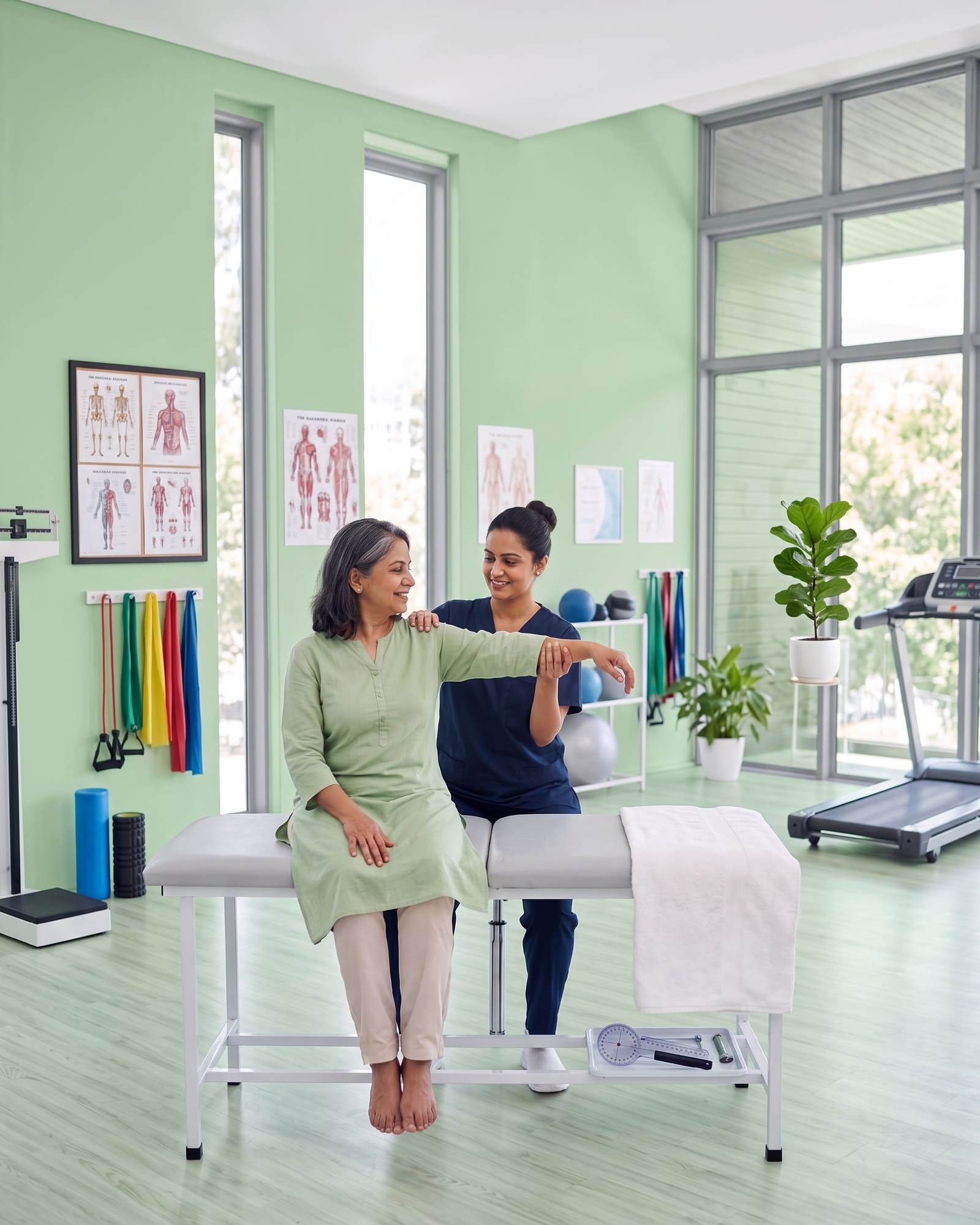 A physiotherapist guiding an older woman through a shoulder exercise at a clinic