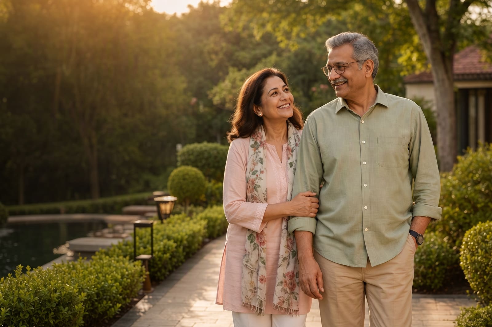 An older couple walking arm in arm through a garden at sunset