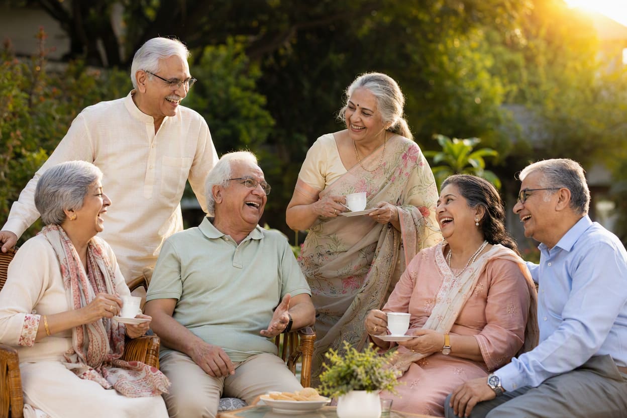 A group of older adults laughing together over tea in a garden