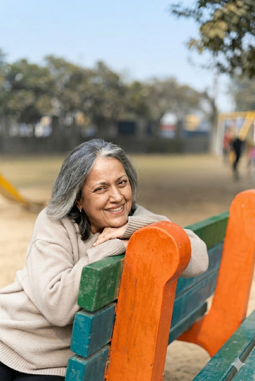 An older woman resting on a bench in a park, smiling
