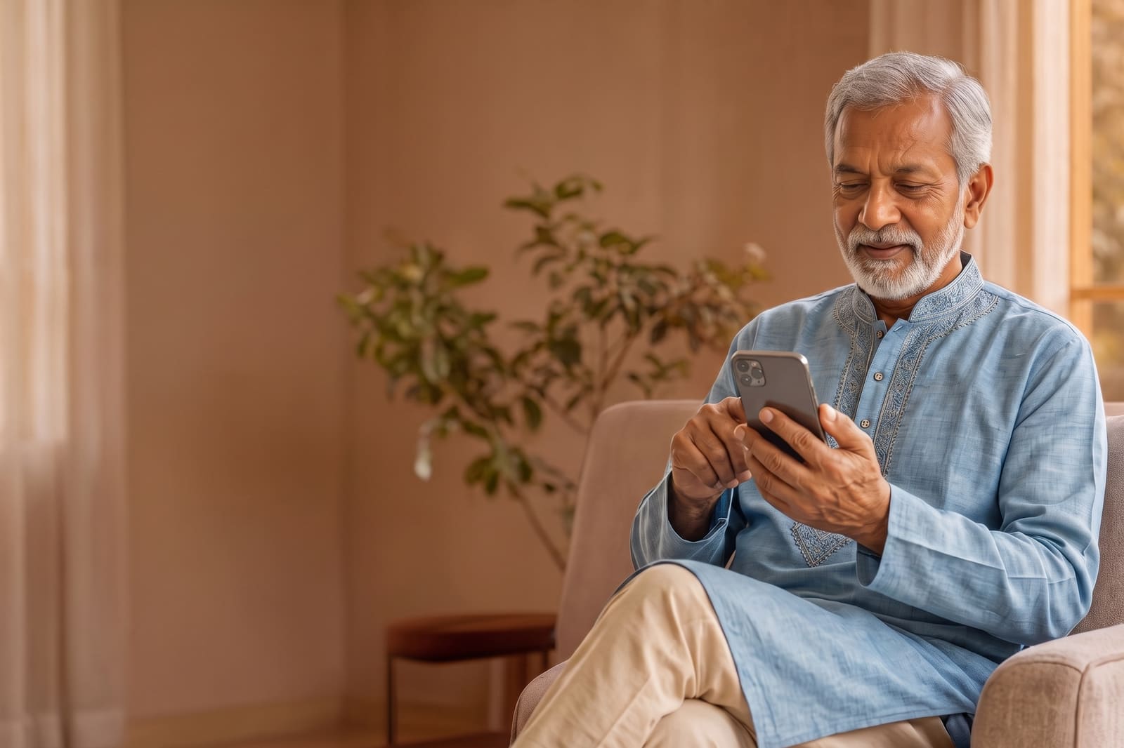 An older man sitting in his living room, reading his phone