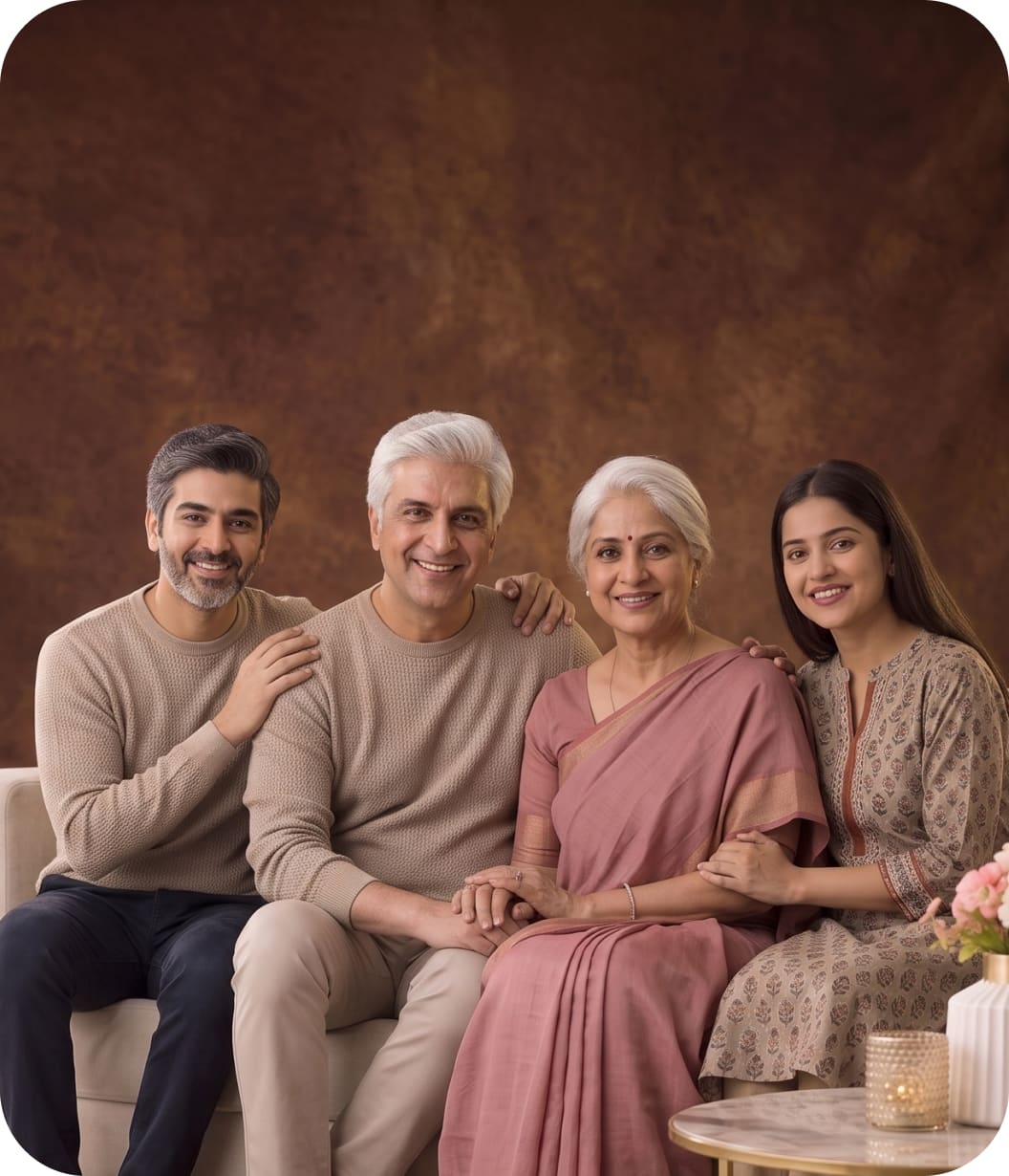 Four members of a family sitting together on a sofa, smiling