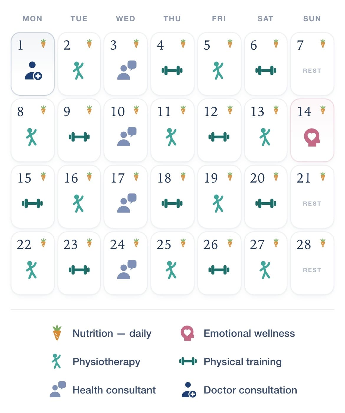A sample four-week plan. Nutrition tracking runs every day; physiotherapy, physical training and health-consultant check-ins alternate through the week, with Sundays kept for rest. The month opens with a doctor consultation and includes a mid-month emotional-wellness call.