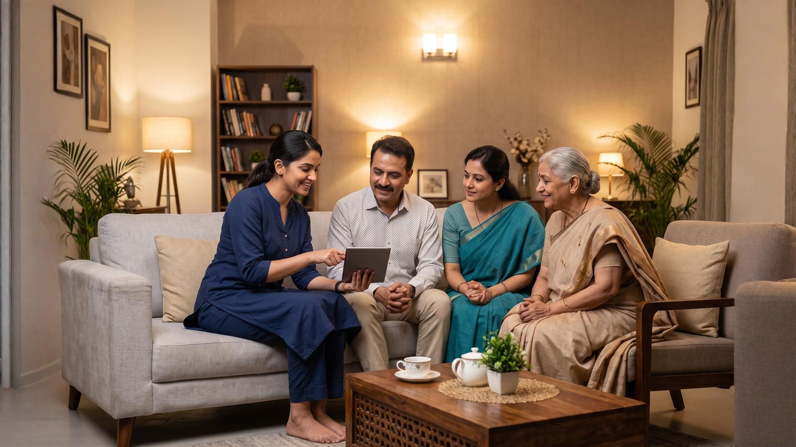 A doctor talking through a care plan with an older couple and their family at home