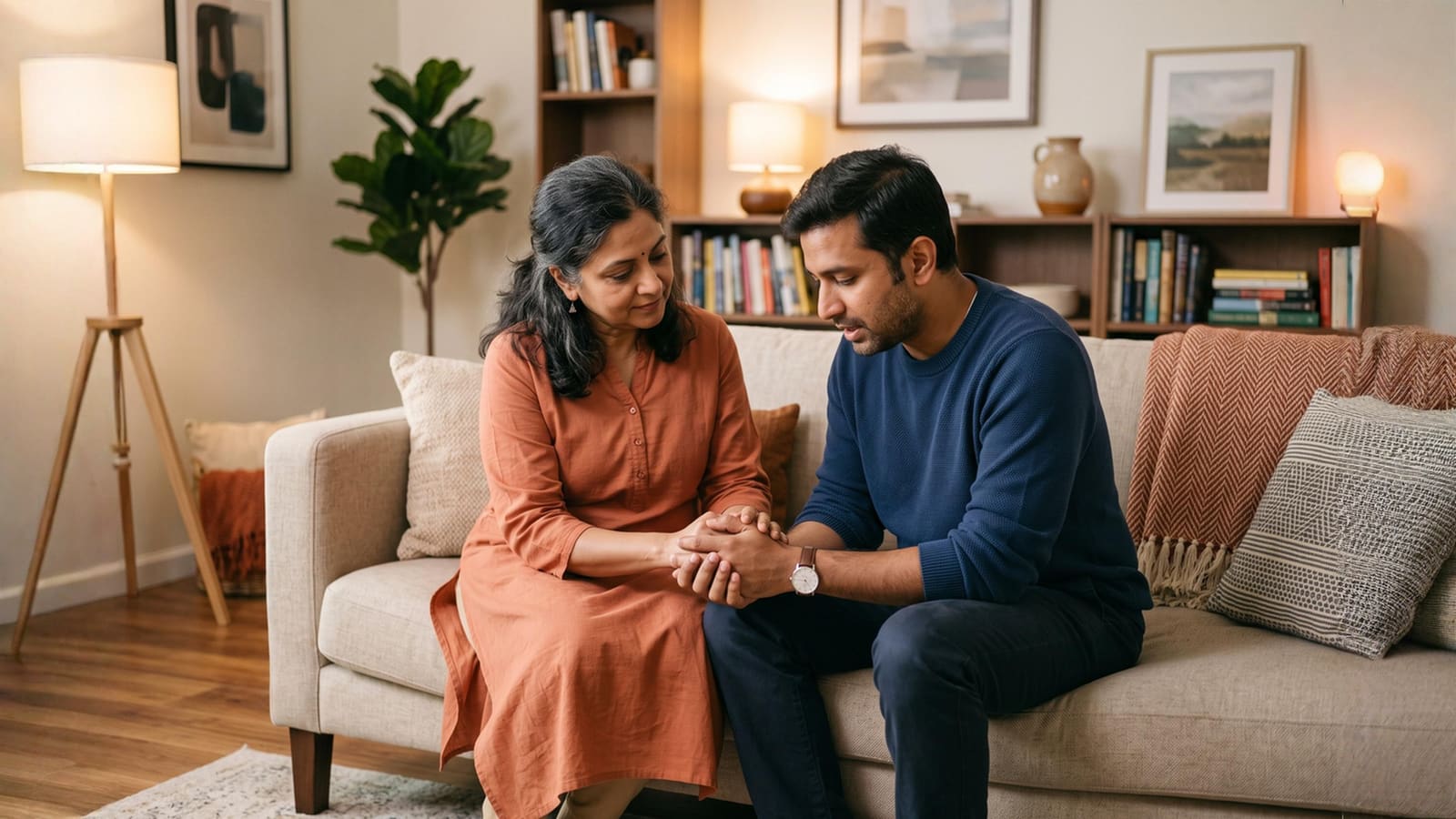 A counsellor holding an older woman’s hand during a conversation at home