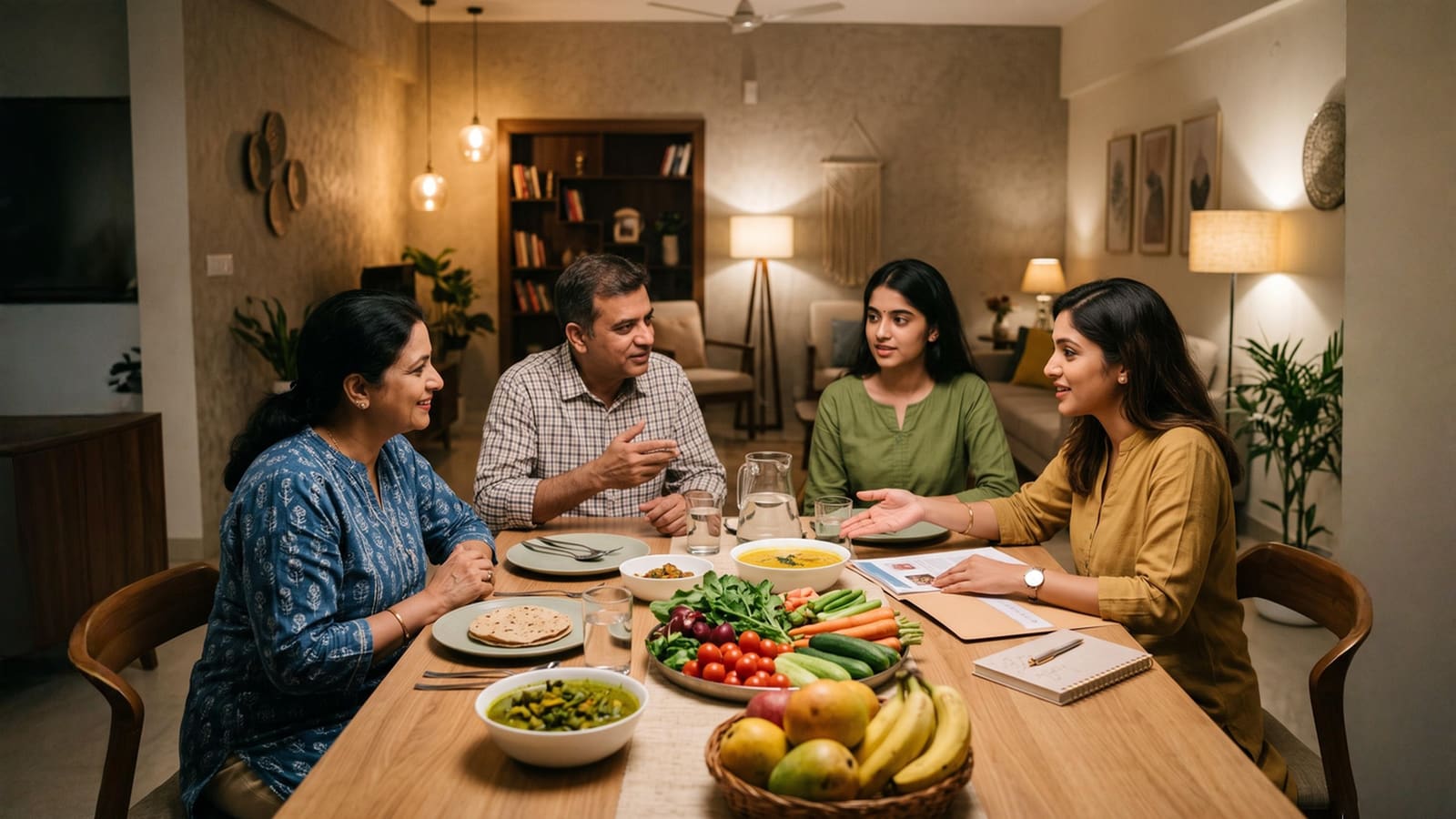 A family sharing a home-cooked meal around a dining table