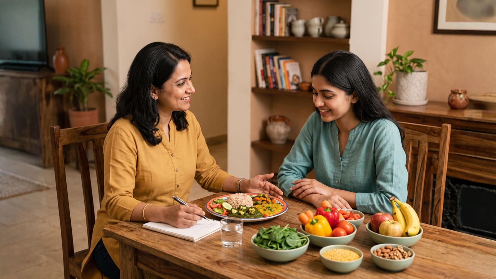 A nutritionist and a client talking over a plate of home-cooked food at her table