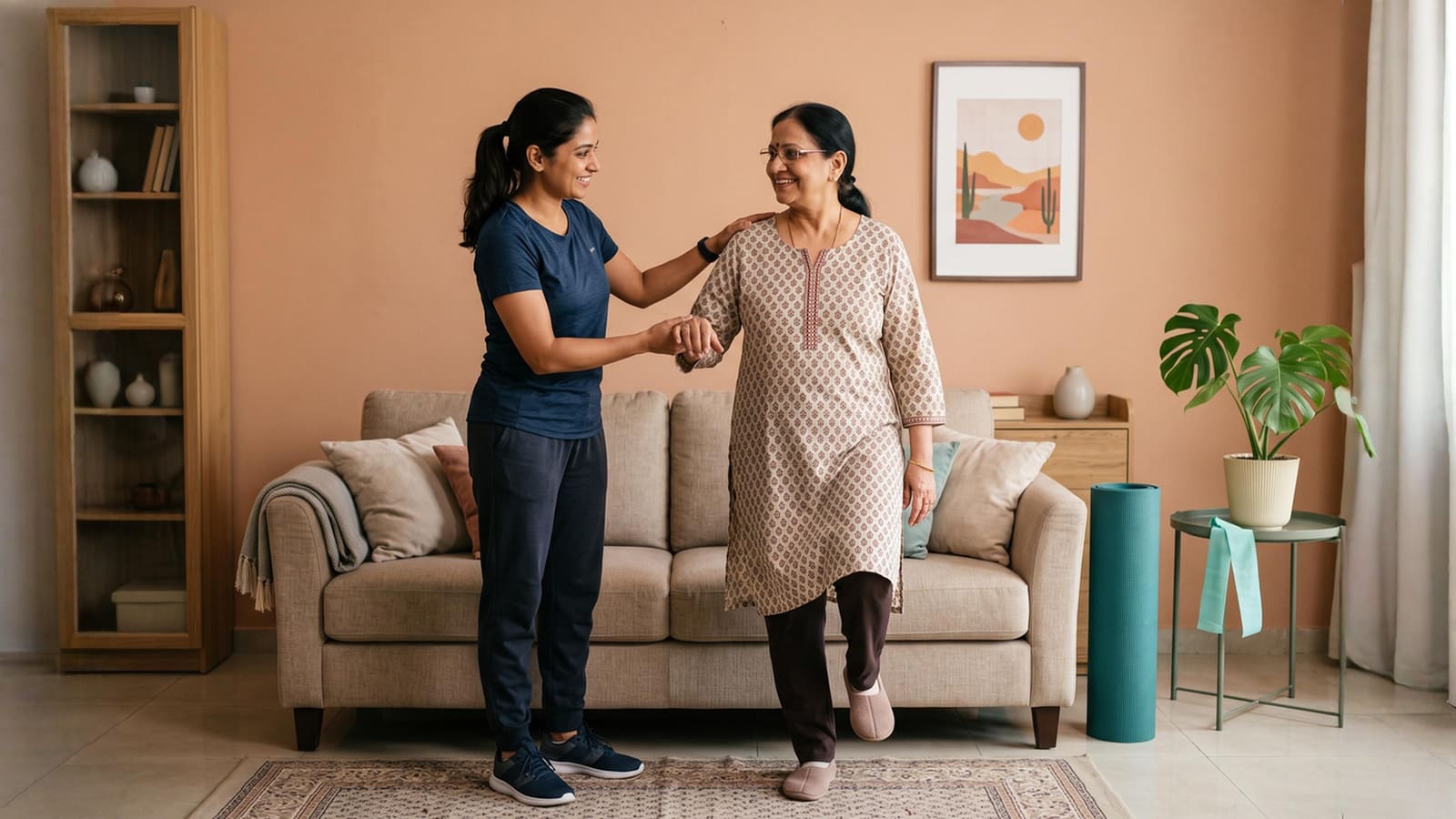 A trainer guiding an older woman through a standing exercise in her living room