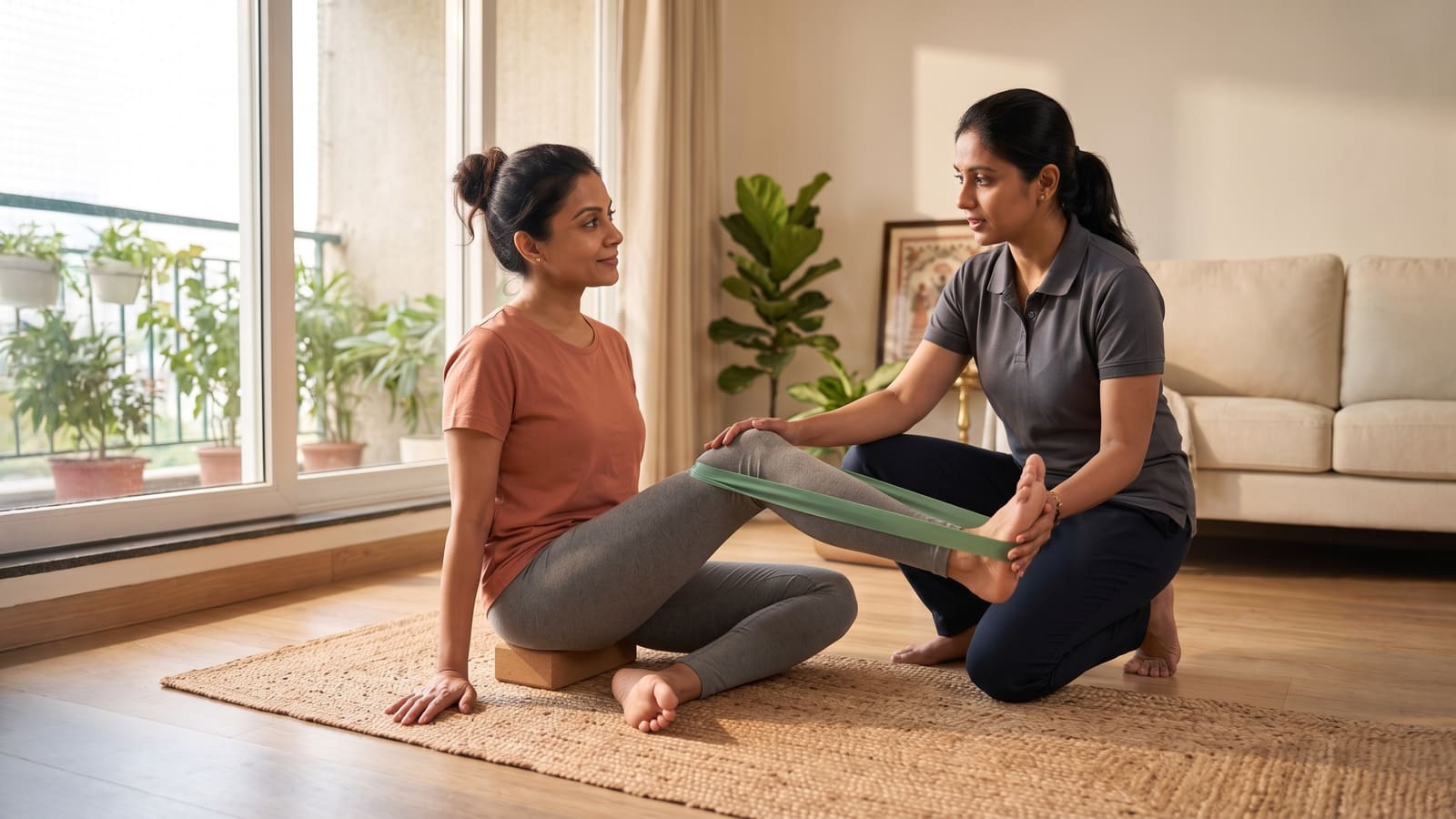 A physiotherapist guiding a seated woman through a resistance-band stretch at home