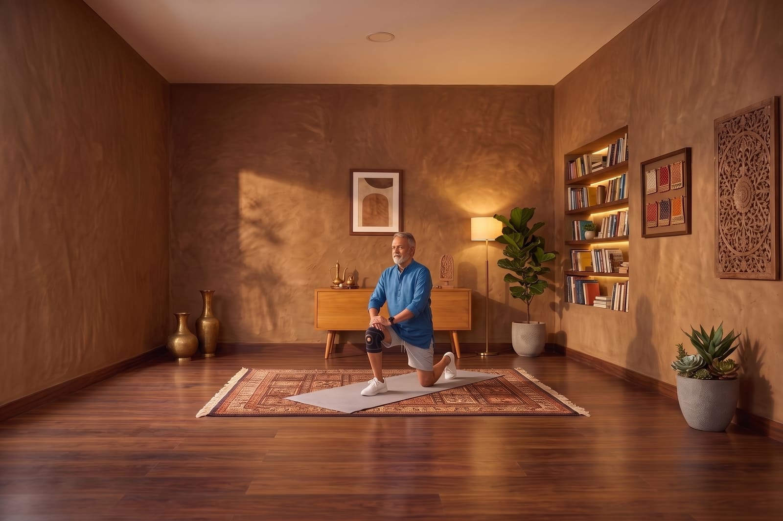 A man in a blue kurta kneeling on a rug in a warm, lamp-lit room, wearing a knee brace