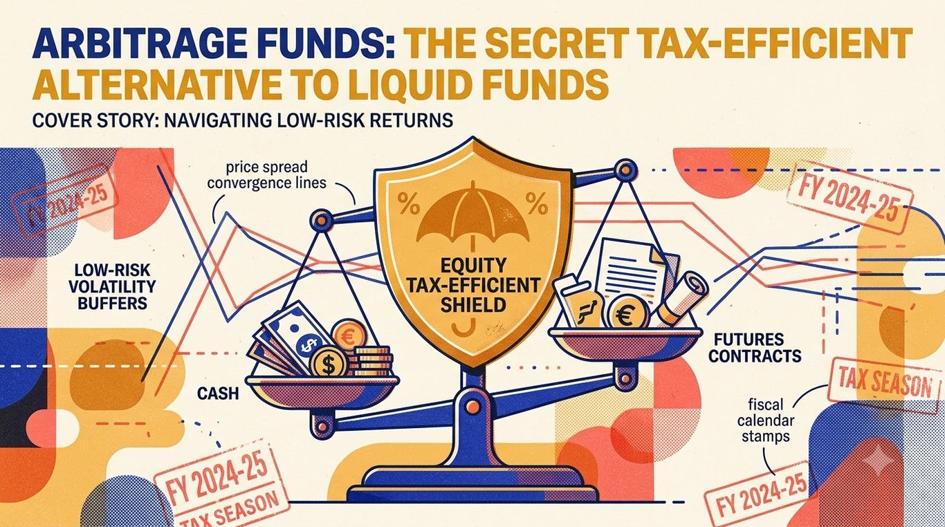 Contemporary risograph editorial illustration of calibrated balance scale weighing cash and futures contracts under equity tax shield