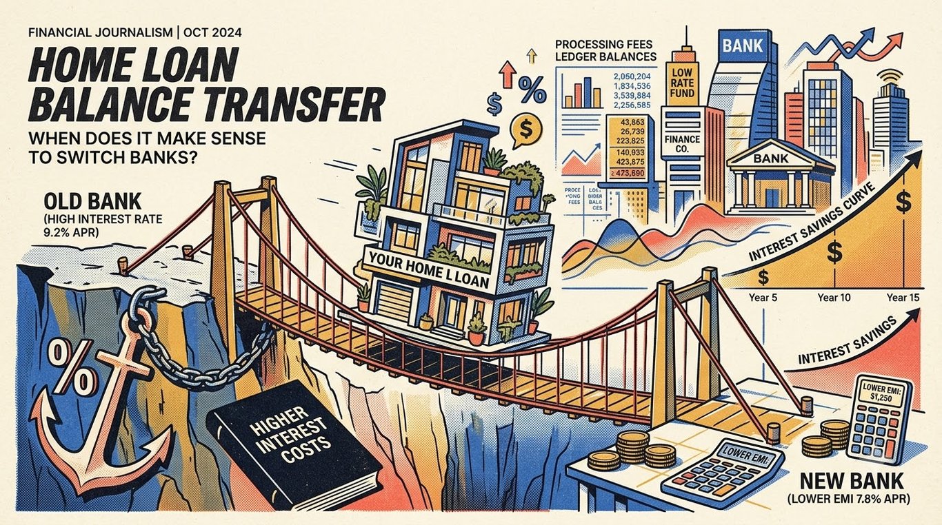 Contemporary risograph editorial illustration of architectural townhouse on a suspension bridge shifting from high to low interest rate anchors