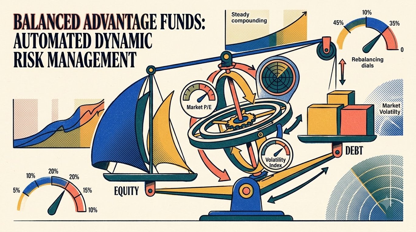 Contemporary risograph editorial illustration of mechanical gyroscopic balance shifting between equity sails and debt ballast