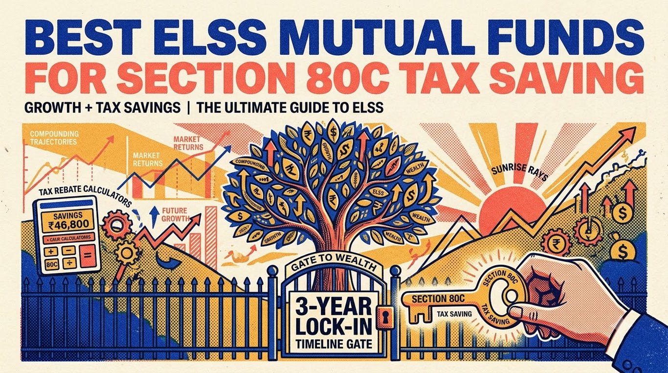 Contemporary risograph editorial illustration of Section 80C tax exemption key unlocking compounding equity wealth tree