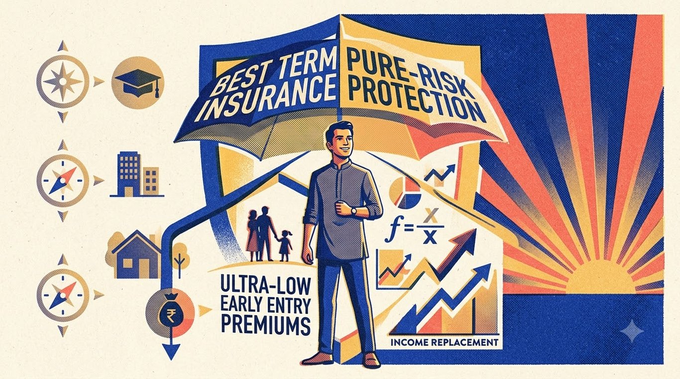 Contemporary risograph editorial illustration of young professional standing before a protective term insurance archway