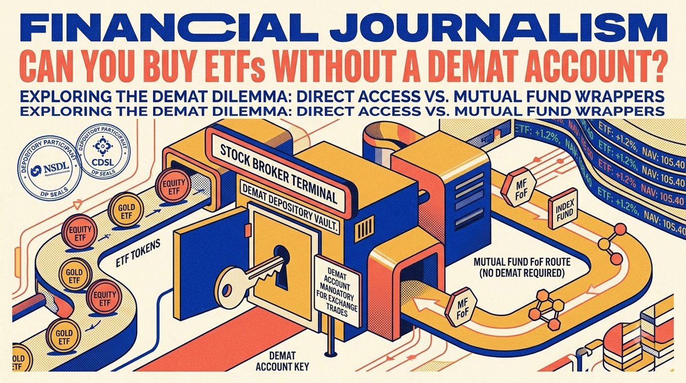 Contemporary risograph editorial illustration of ETF broker terminal requiring Demat account vault key