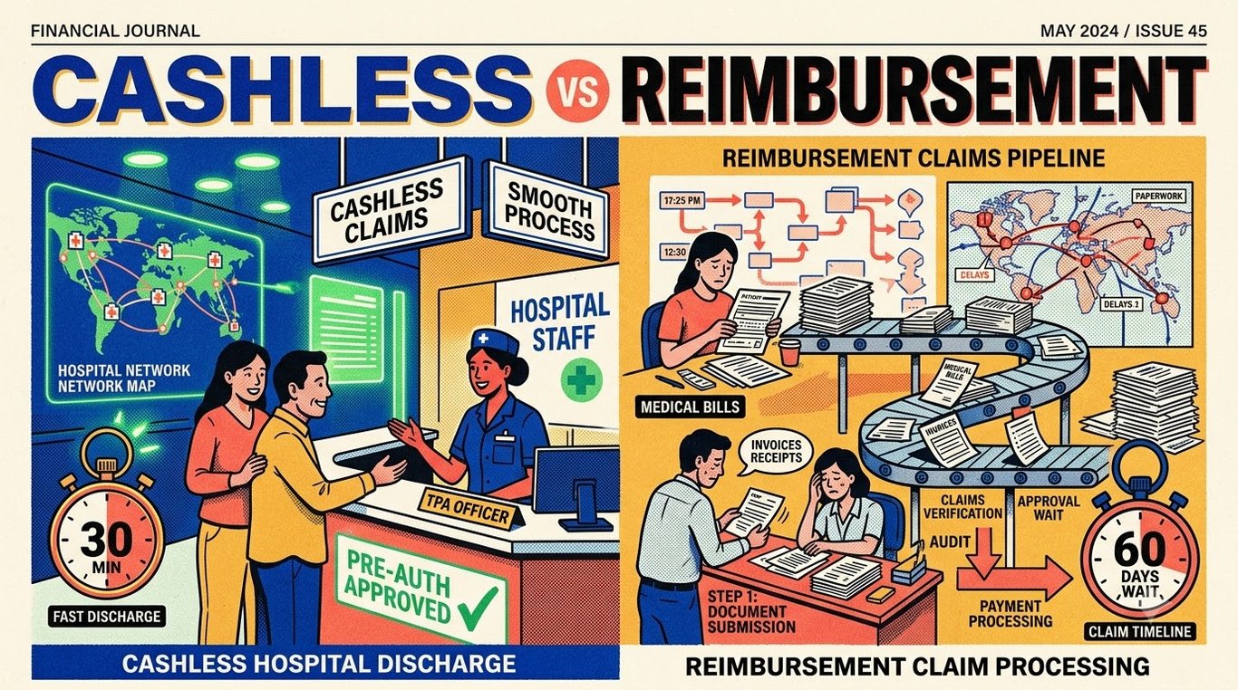 Contemporary risograph editorial illustration comparing instant TPA cashless hospital desk against reimbursement invoice processing