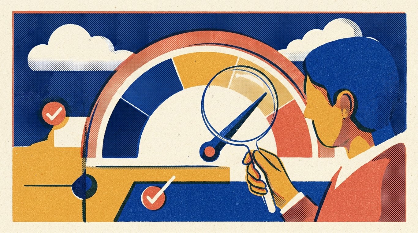 Contemporary risograph editorial illustration of consumer inspecting credit meter through clear magnifying glass without disturbing the dial needle