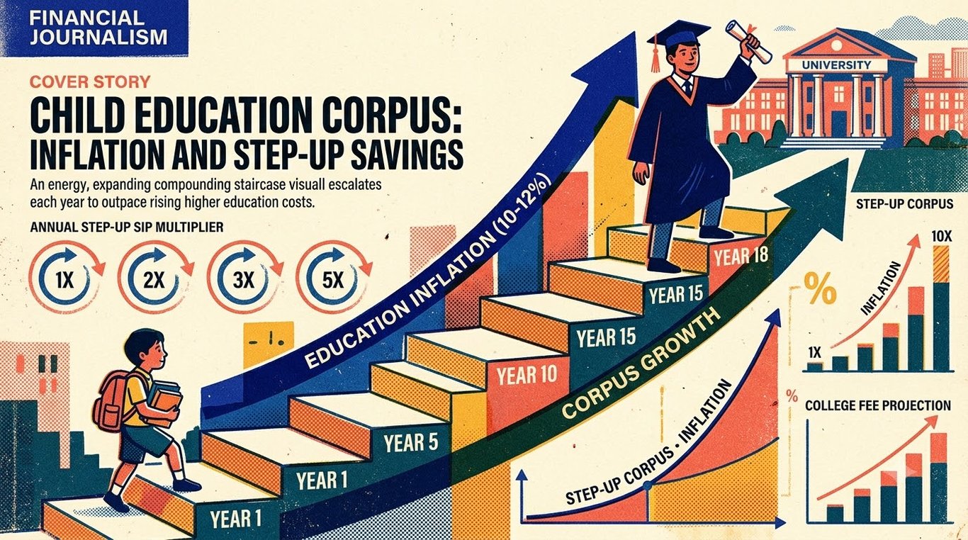 Contemporary risograph editorial illustration of compounding staircase outpacing education inflation toward graduation