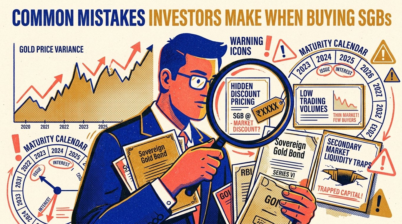 Contemporary risograph editorial illustration of magnifying glass inspecting secondary market sovereign gold bond liquidity risks