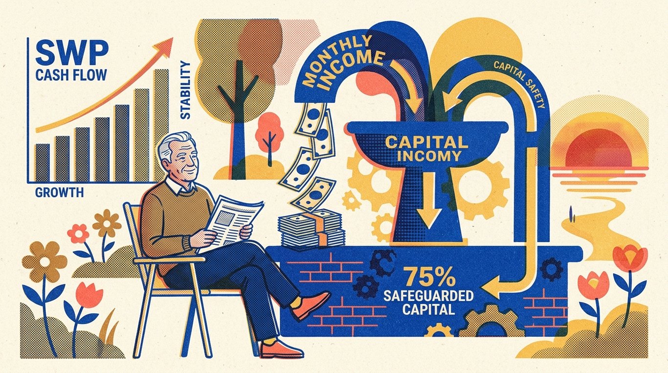 Contemporary risograph editorial illustration of retired investor enjoying regular monthly income stream from debt hybrid fund