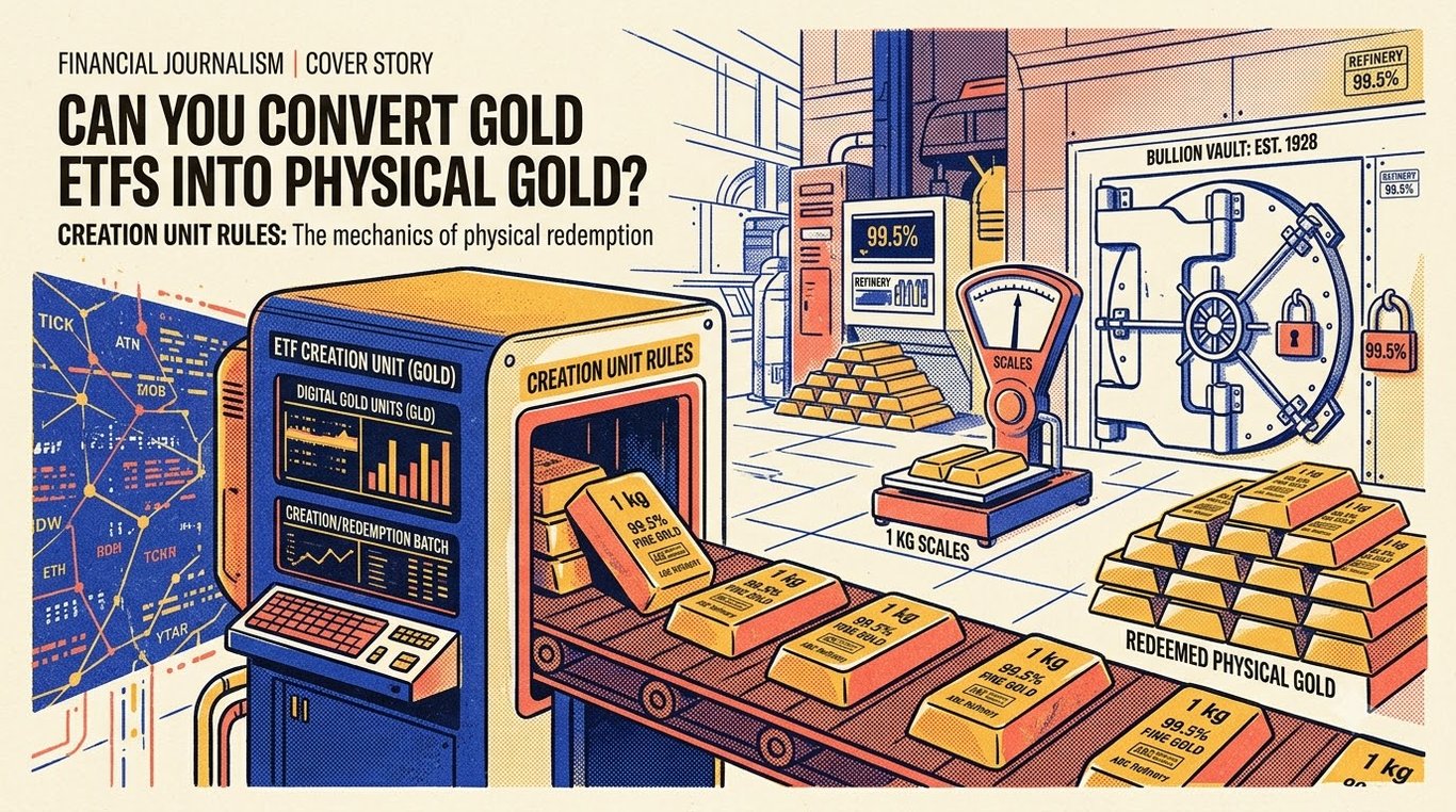 Contemporary risograph editorial illustration of 1 kg physical gold bullion bars emerging from ETF creation unit threshold
