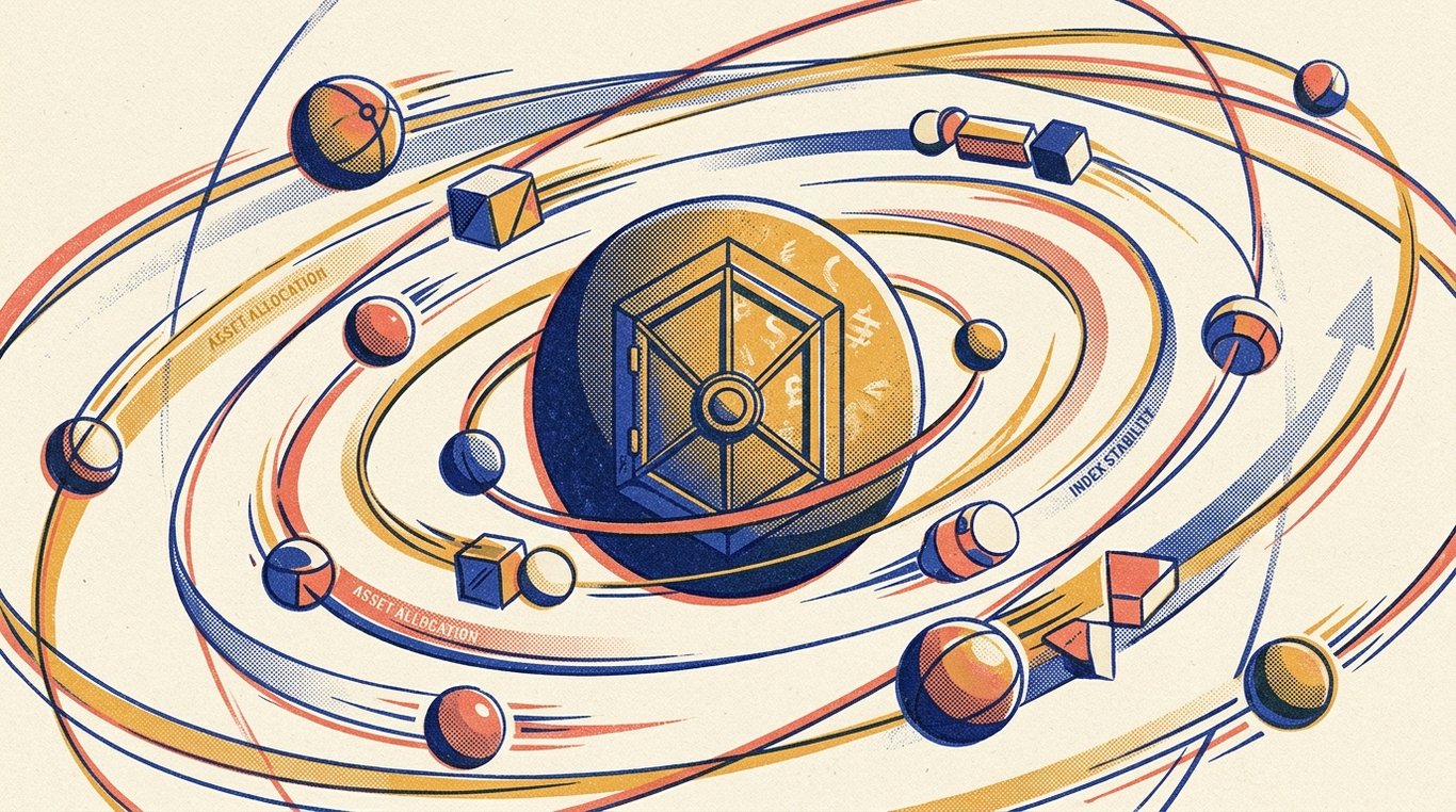 Contemporary risograph editorial illustration of solid central planetary investment core orbited by dynamic satellite spheres