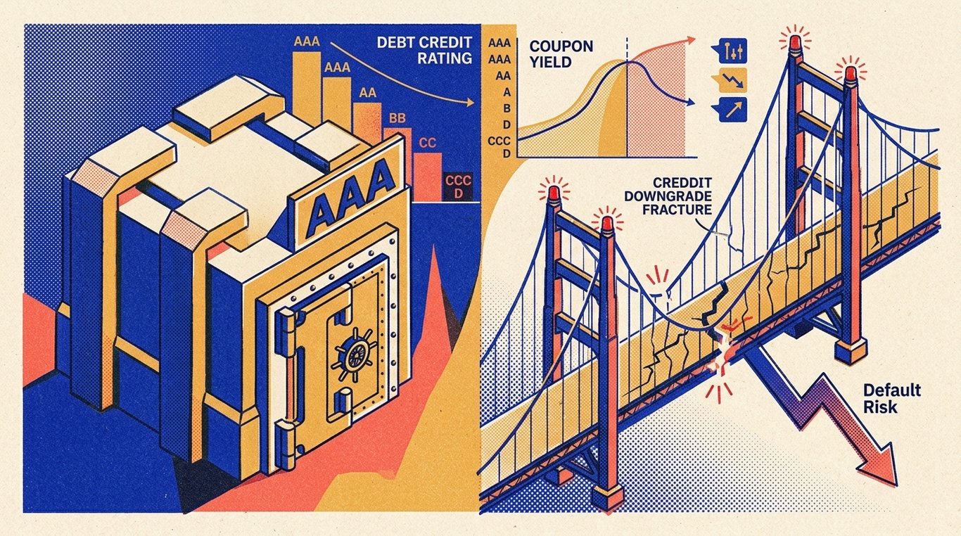 Contemporary risograph editorial illustration comparing solid AAA corporate bond fortress with precarious high-yield credit risk cliff