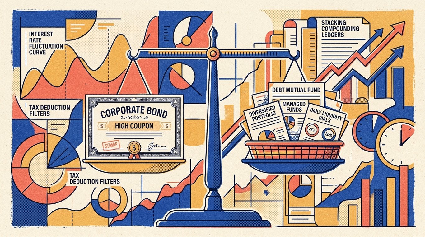 Contemporary risograph editorial illustration comparing direct corporate debt certificate with diversified debt mutual fund basket on balance scale