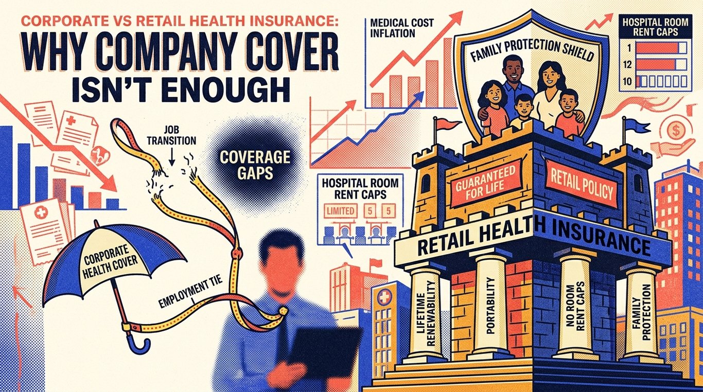 Contemporary risograph editorial illustration of employee standing under temporary office umbrella alongside permanent family health fortress