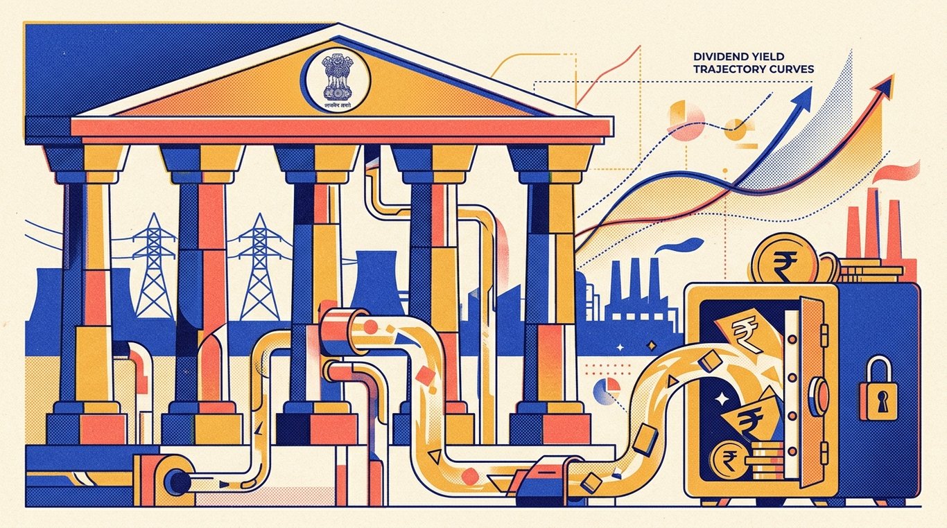 Contemporary risograph editorial illustration of sovereign public sector enterprise pillars dispensing golden quarterly dividend streams