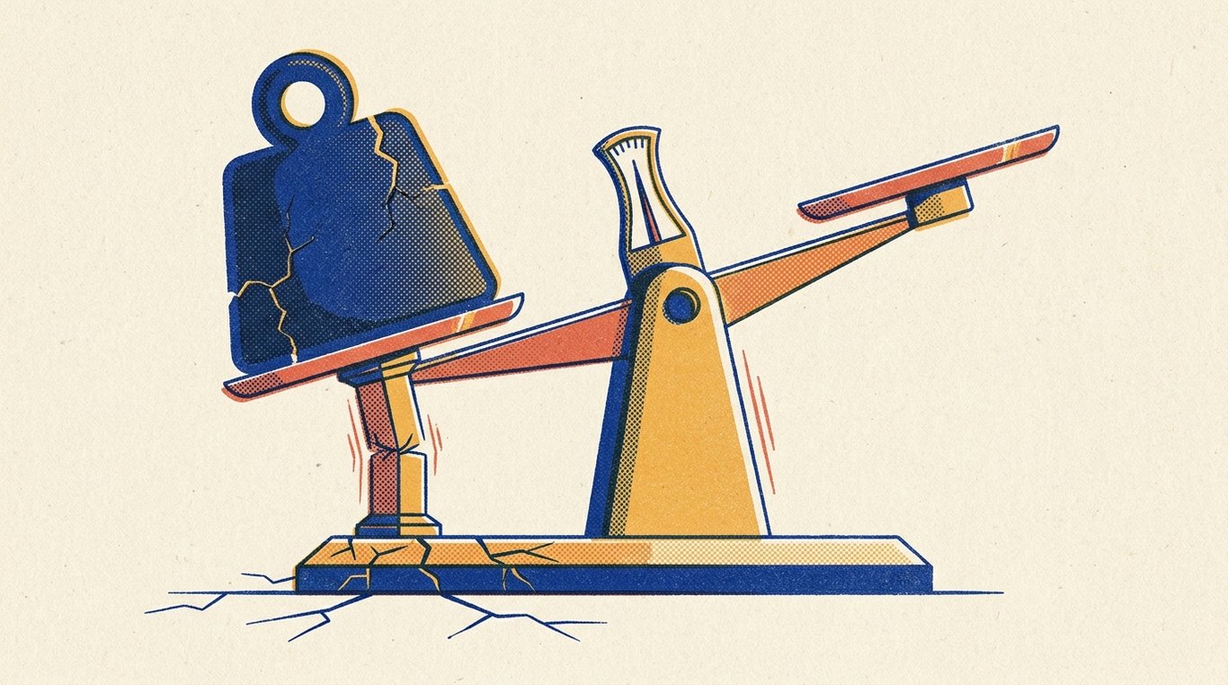 Contemporary risograph editorial illustration of precarious balance scale burdened by heavy cracked debt weight fracturing an equity pedestal