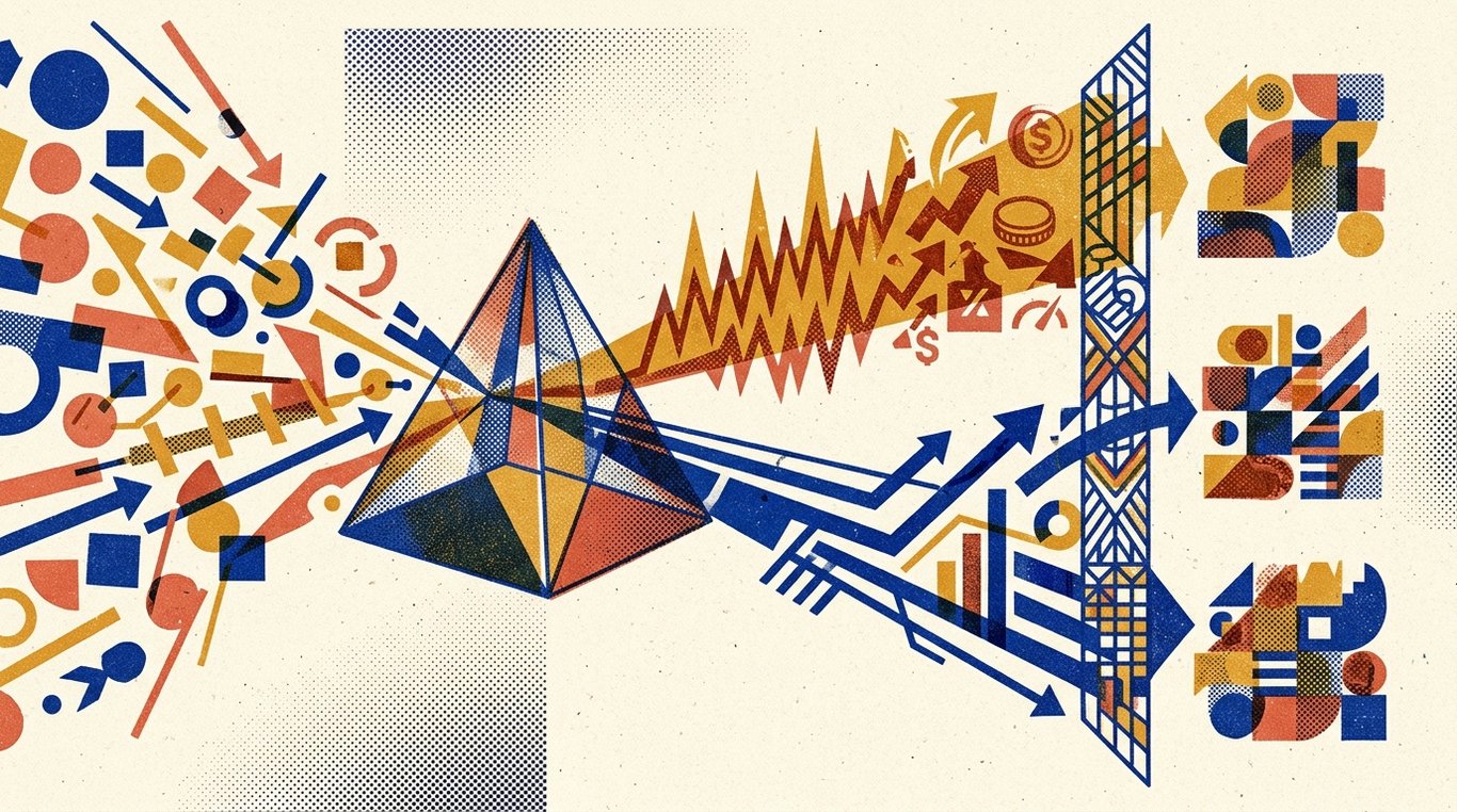 Contemporary risograph editorial illustration of magnifying prism analyzing high-yield dividend index basket against broad market foundation