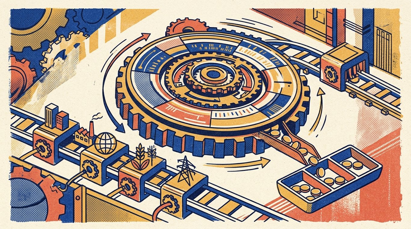 Contemporary risograph editorial illustration of tradeable exchange-traded fund wheel continuously dispensing quarterly income tokens