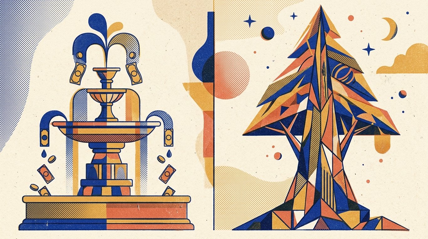 Contemporary risograph editorial illustration comparing steady recurring dividend fountain with towering growth tree soaring toward the sky